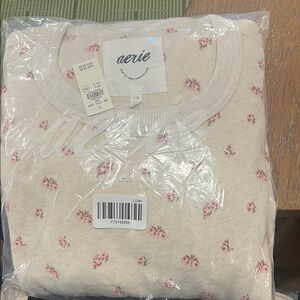 aerie Cream Sweater with Pink Floral Motif